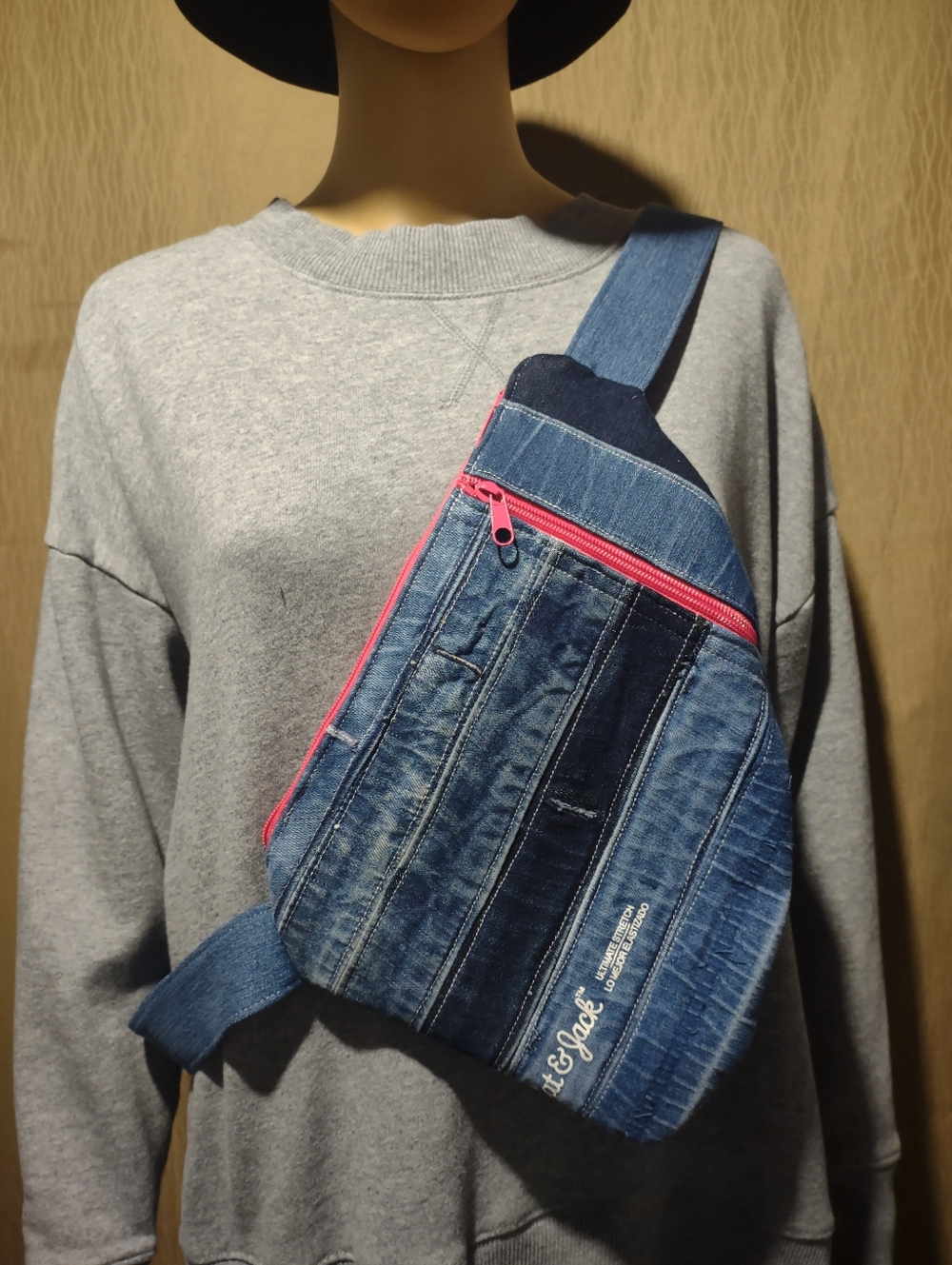 Handmade Upcycled Denim Patchwork Crossbody Sling Bag with Pink Zip